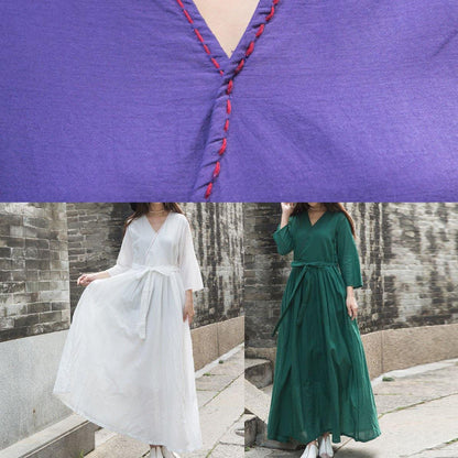 Organic Bracelet Sleeved Linen Clothes for Shape Dark Purple V Neck Dress