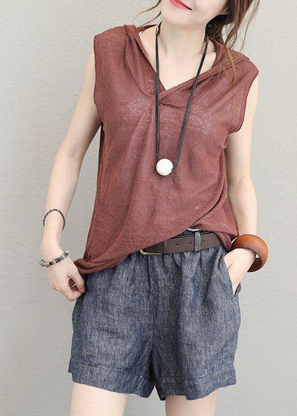 Organic Brown Cotton Clothes for Sleeveless Short Hooded Blouse