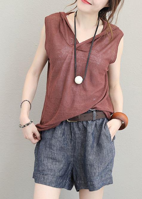 Organic Brown Cotton Clothes for Sleeveless Short Hooded Blouse