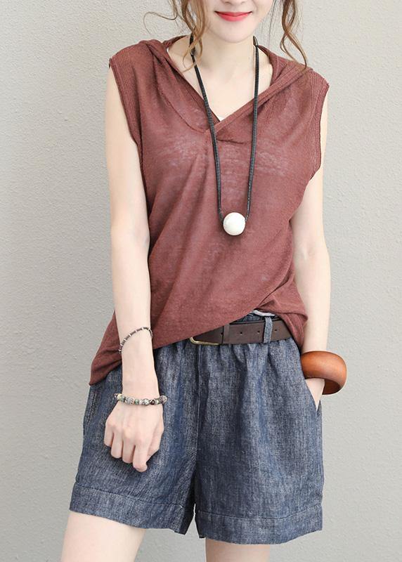 Organic Brown Cotton Clothes for Sleeveless Short Hooded Blouse