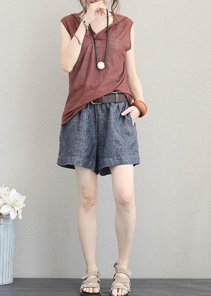 Organic Brown Cotton Clothes for Sleeveless Short Hooded Blouse