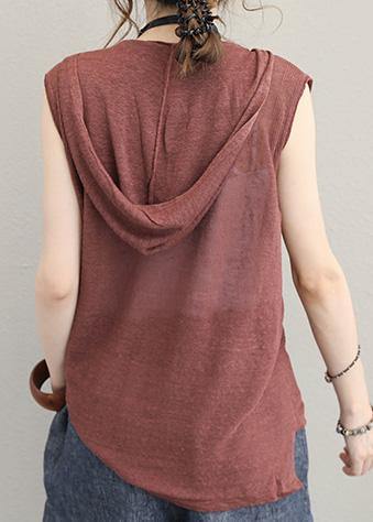 Organic Brown Cotton Clothes for Sleeveless Short Hooded Blouse
