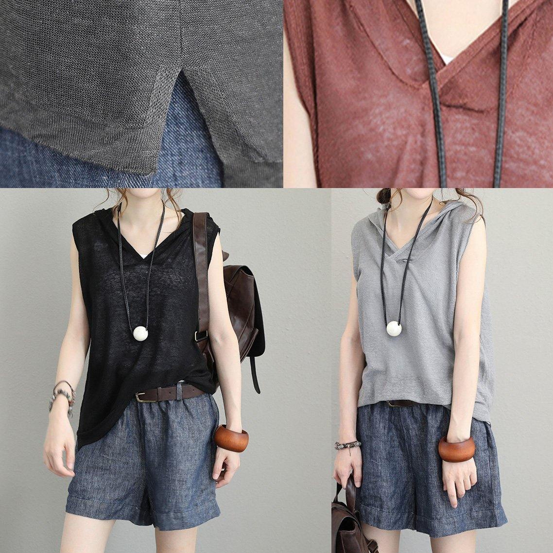 Organic Brown Cotton Clothes for Sleeveless Short Hooded Blouse