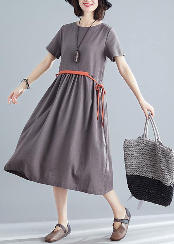 Organic Brown Linen Quilting Dresses O Neck Tie Waist Summer Dress