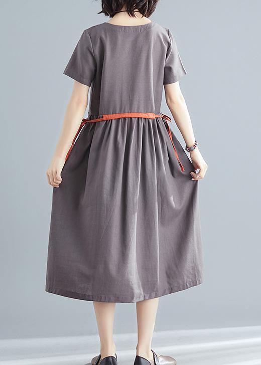 Organic Brown Linen Quilting Dresses O Neck Tie Waist Summer Dress