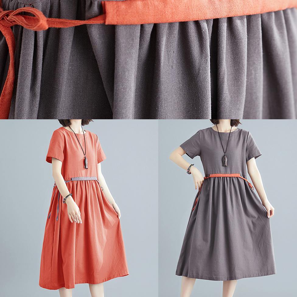 Organic Brown Linen Quilting Dresses O Neck Tie Waist Summer Dress