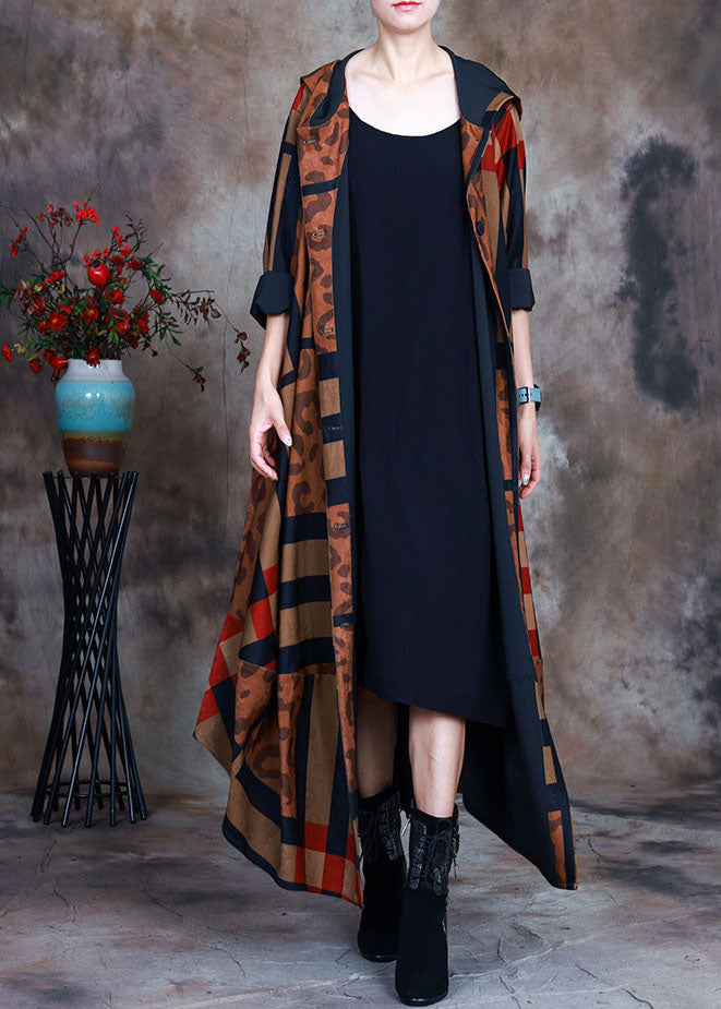 Organic Chocolate Hooded Button Print Patchwork Trench Coats Spring