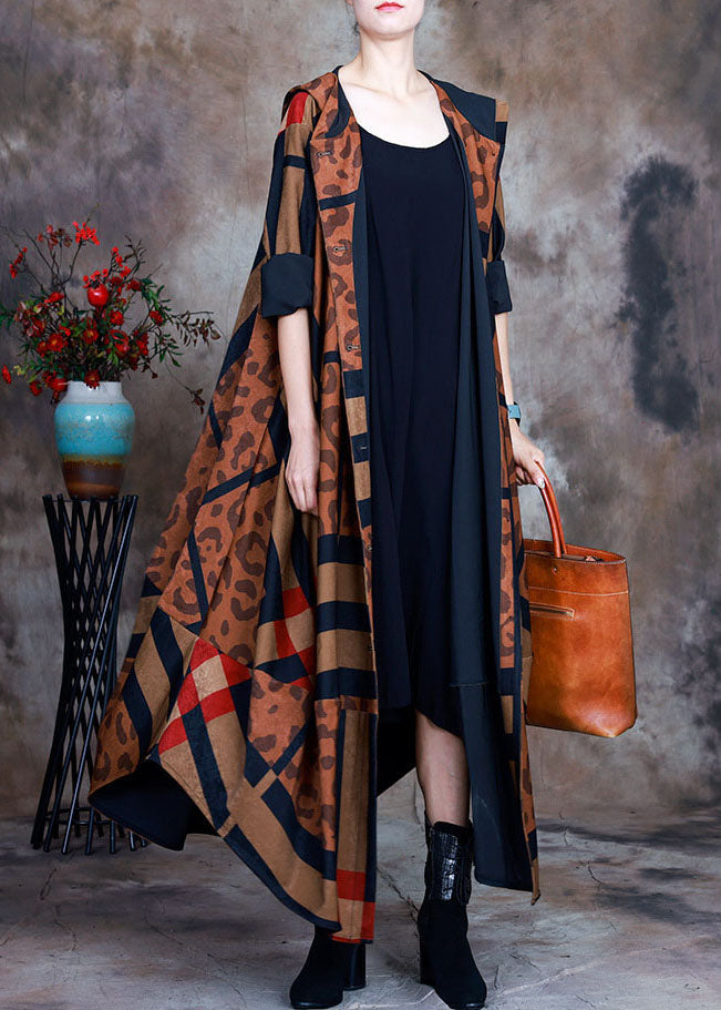 Organic Chocolate Hooded Button Print Patchwork Trench Coats Spring