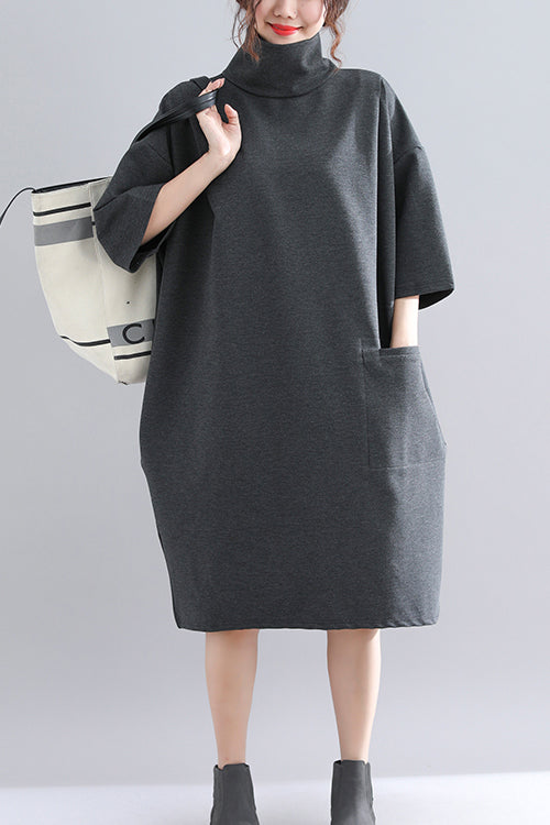 Organic Dark Gray Knit Dress Sweets Design High Neck Half Sleeve Baggy Spring Dress