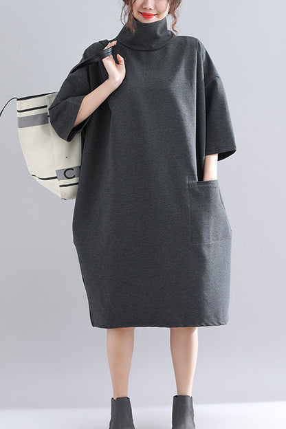 Organic Dark Gray Knit Dress Sweets Design High Neck Half Sleeve Baggy Spring Dress