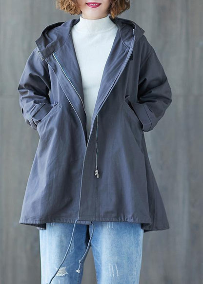 Organic Dark Gray Hooded Cotton Blouse Drawstring Hem Tunic Fall Shirt