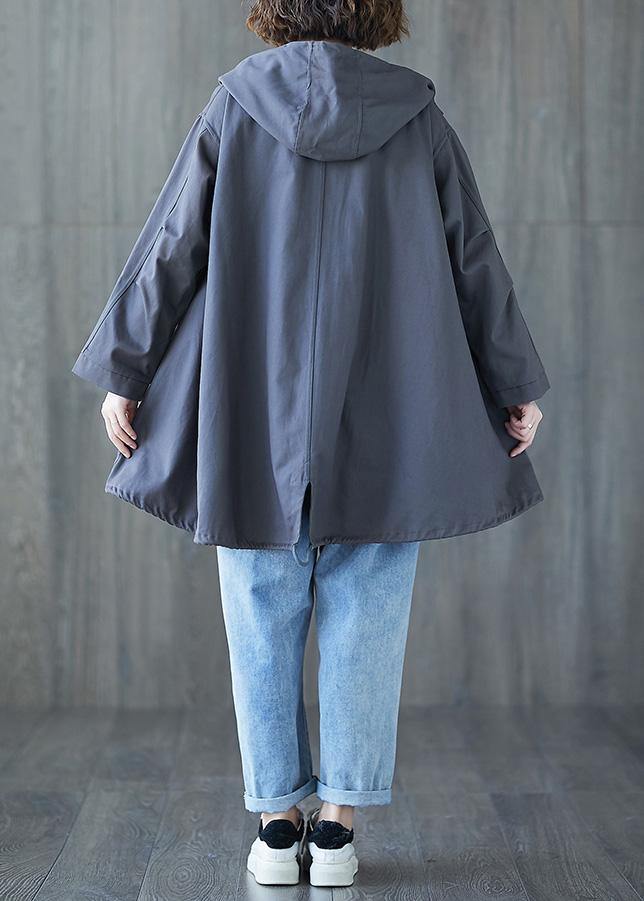 Organic Dark Gray Hooded Cotton Blouse Drawstring Hem Tunic Fall Shirt