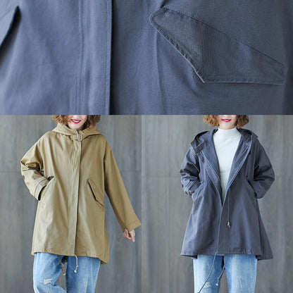 Organic Dark Gray Hooded Cotton Blouse Drawstring Hem Tunic Fall Shirt