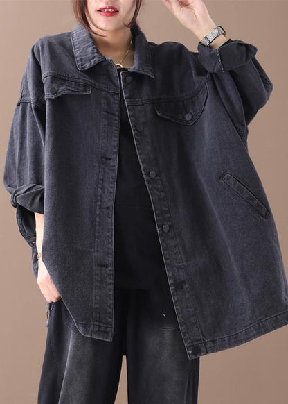 Organic Denim Black Cotton Crane Tops Lapel Pockets Midi Fall Blouses