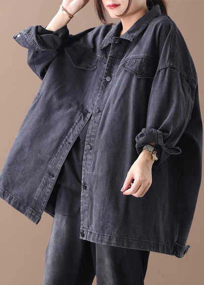 Organic Denim Black Cotton Crane Tops Lapel Pockets Midi Fall Blouses