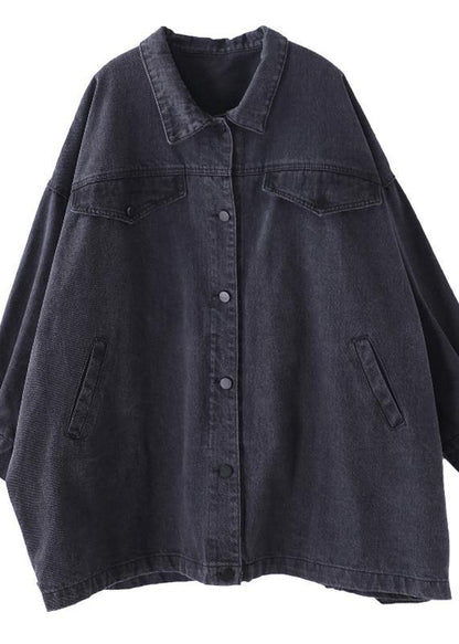 Organic Denim Black Cotton Crane Tops Lapel Pockets Midi Fall Blouses