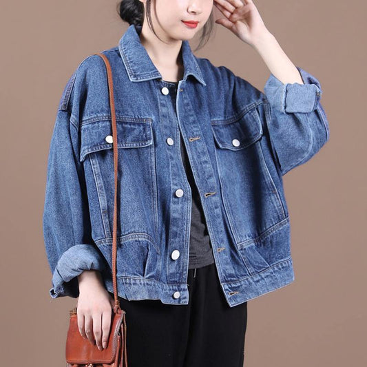 Organic Denim Blue Fine Maxi Coat Inspiration Lapel Fall Jackets