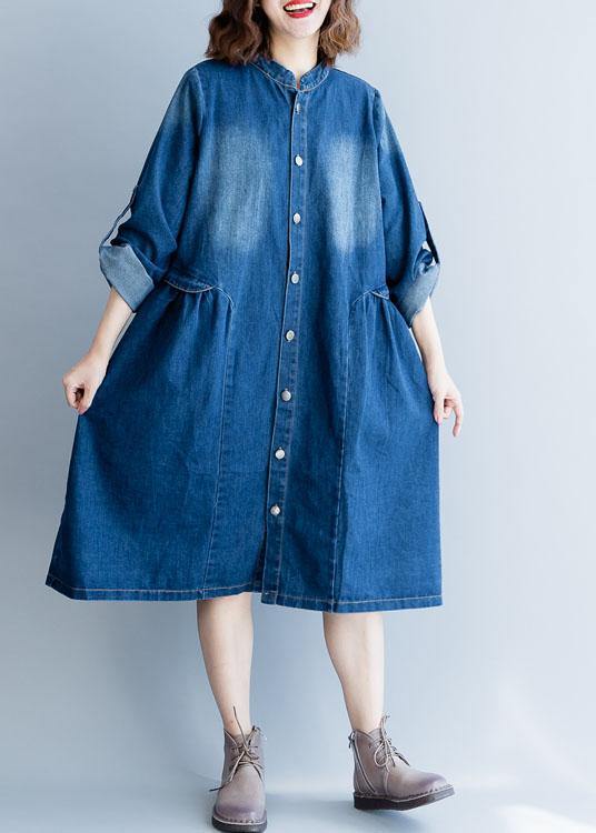 Organic Denim Blue Embroidery Fine Clothes for Wardrobes Striped Collar Fall Outwears