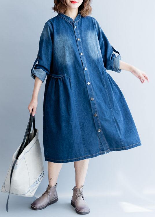 Organic Denim Blue Embroidery Fine Clothes for Wardrobes Striped Collar Fall Outwears