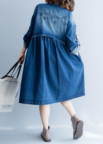 Organic Denim Blue Embroidery Fine Clothes for Wardrobes Striped Collar Fall Outwears