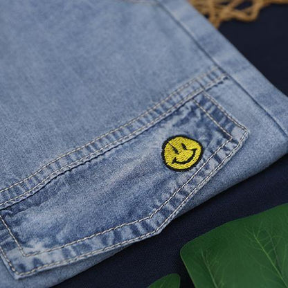 Organic Denim Blue Elastic Waist Patchwork Pants