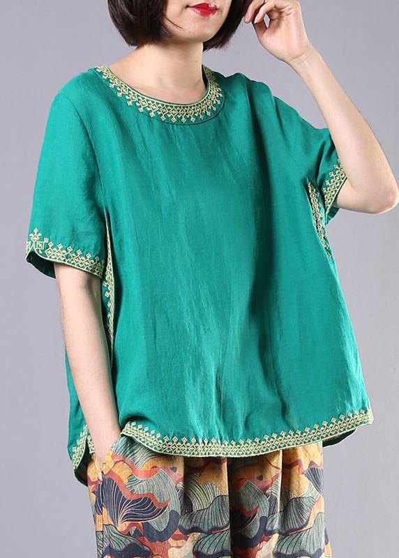 Organic Embroidery Linen Cotton Clothes Green O Neck Dresses Blouses Summer