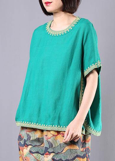 Organic Embroidery Linen Cotton Clothes Green O Neck Dresses Blouses Summer
