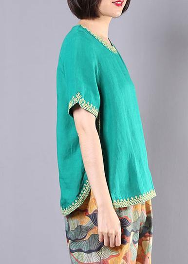 Organic Embroidery Linen Cotton Clothes Green O Neck Dresses Blouses Summer