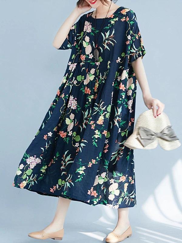 Organic Cotton Linen Robes O Neck Large Hem Love Summer Dresses