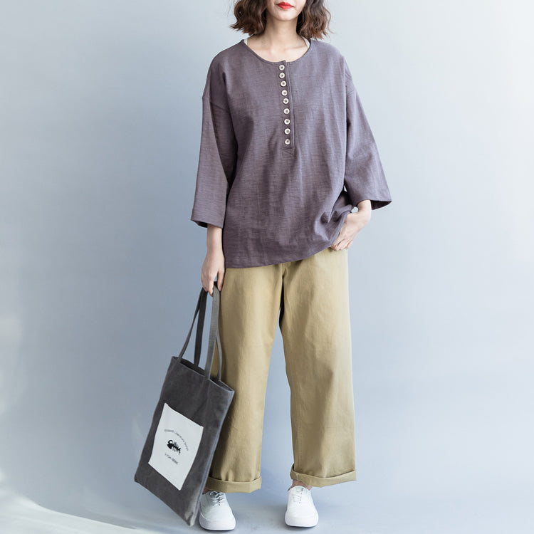 Organic Gray Cotton Tops Christmas Gifts Dresses O Neck Three Quarter Sleeve Blouse