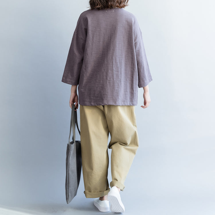 Organic Gray Cotton Tops Christmas Gifts Dresses O Neck Three Quarter Sleeve Blouse