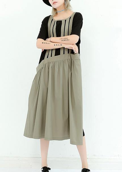 Organic Gray Green Cotton Dresses O Neck Patchwork Cotton Summer Dress