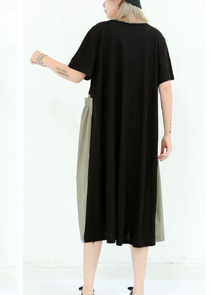 Organic Gray Green Cotton Dresses O Neck Patchwork Cotton Summer Dress