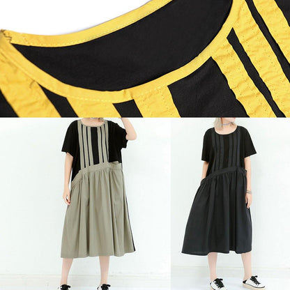 Organic Gray Green Cotton Dresses O Neck Patchwork Cotton Summer Dress