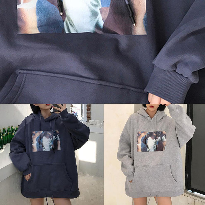 Organic Gray Winter Cotton Clothes Hooded Art Thick Tops