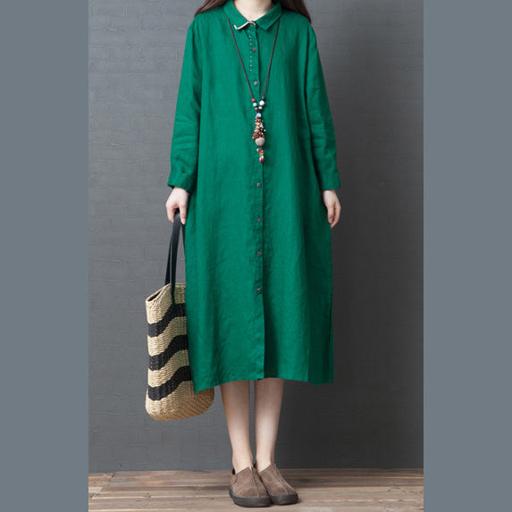 Organic Green Linen Robes Indian Online Shopping Lapel Collar Linen Robes Shirt Dress