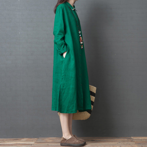 Organic Green Linen Robes Indian Online Shopping Lapel Collar Linen Robes Shirt Dress