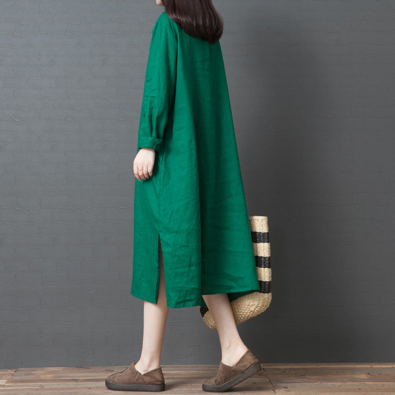 Organic Green Linen Robes Indian Online Shopping Lapel Collar Linen Robes Shirt Dress