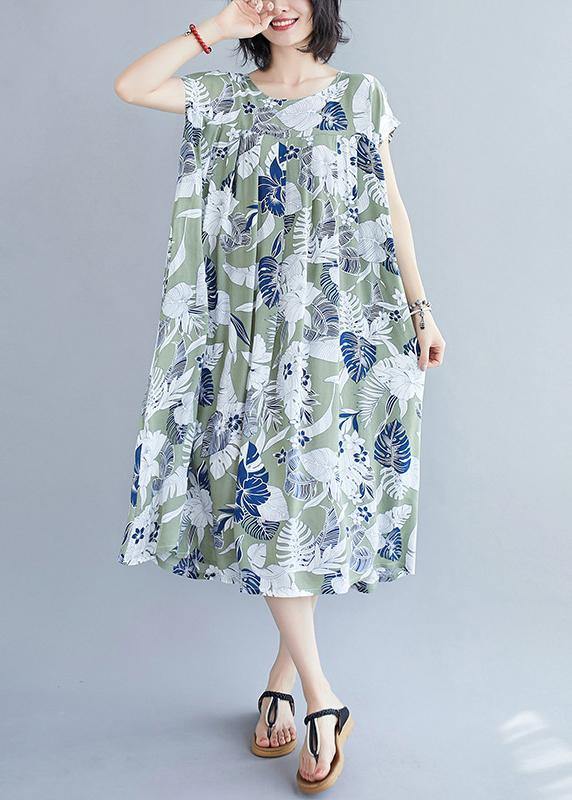 Organic Green Print Clothes O Neck Pockets Cotton Summer Dresses