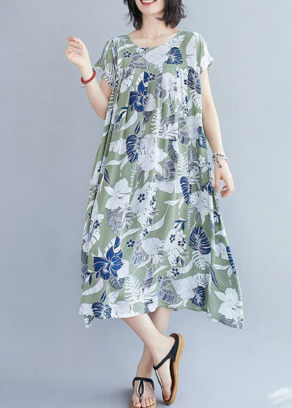 Organic Green Print Clothes O Neck Pockets Cotton Summer Dresses