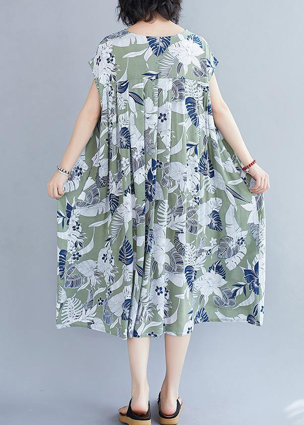 Organic Green Print Clothes O Neck Pockets Cotton Summer Dresses