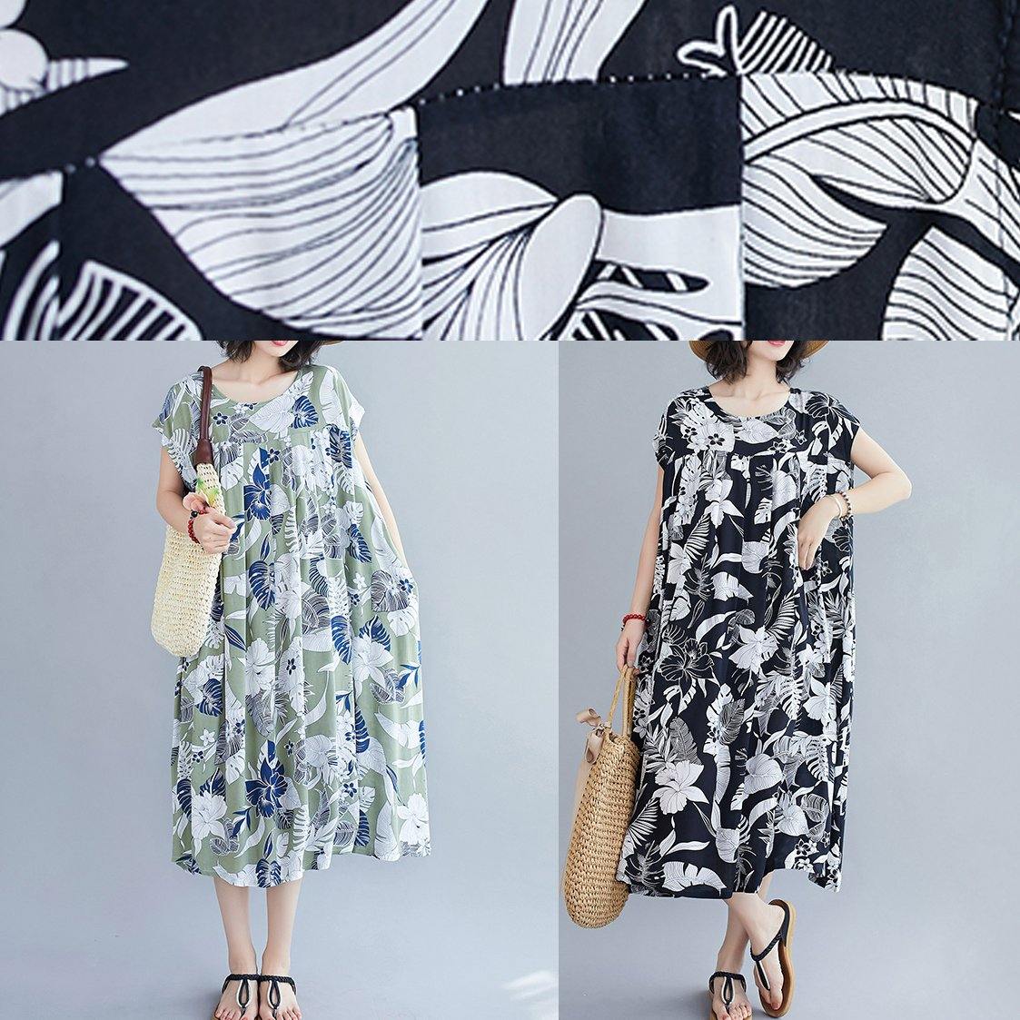 Organic Green Print Clothes O Neck Pockets Cotton Summer Dresses