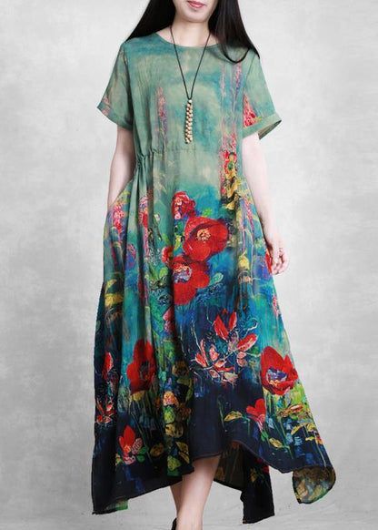 Organic Green Print Dresses O Neck Tie Waist Robe Summer Dress