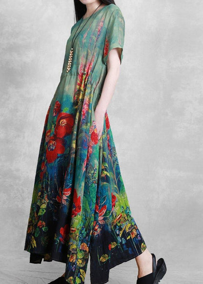 Organic Green Print Dresses O Neck Tie Waist Robe Summer Dress