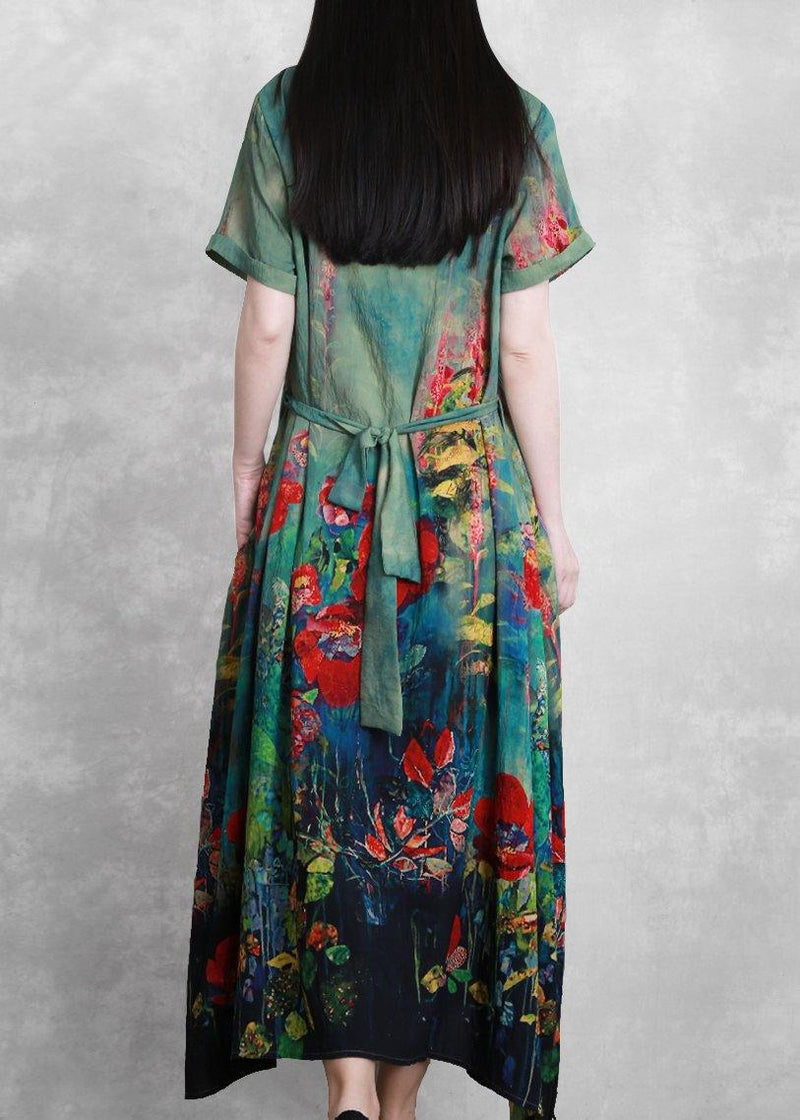 Organic Green Print Dresses O Neck Tie Waist Robe Summer Dress