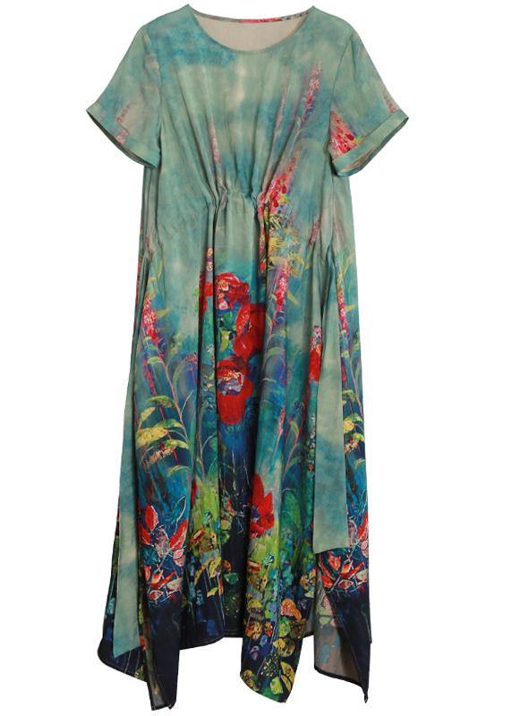 Organic Green Print Dresses O Neck Tie Waist Robe Summer Dress