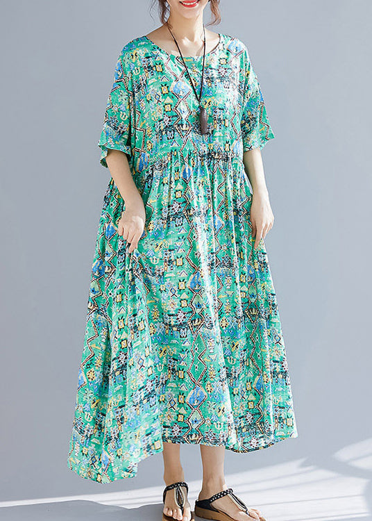 Organic Green Print Linen Wardrobes Design O Neck Cinched Robe Summer Dresses