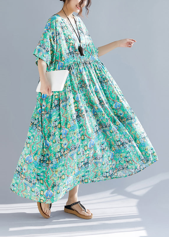 Organic Green Print Linen Wardrobes Design O Neck Cinched Robe Summer Dresses