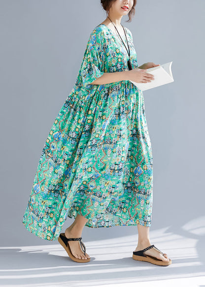 Organic Green Print Linen Wardrobes Design O Neck Cinched Robe Summer Dresses