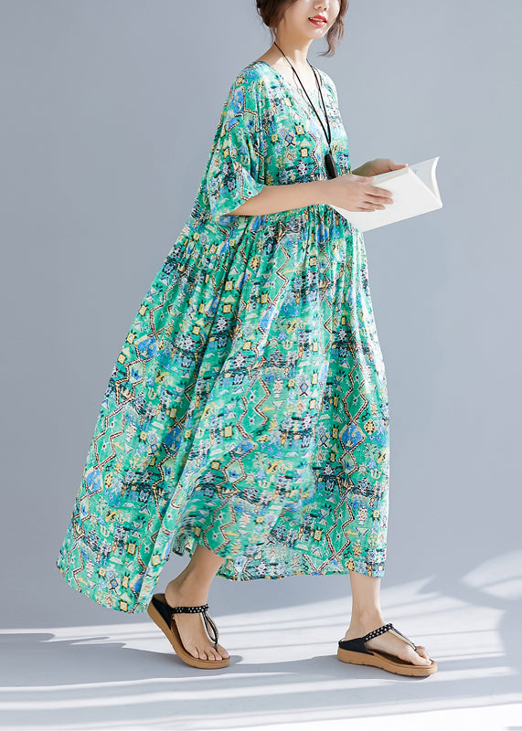 Organic Green Print Linen Wardrobes Design O Neck Cinched Robe Summer Dresses